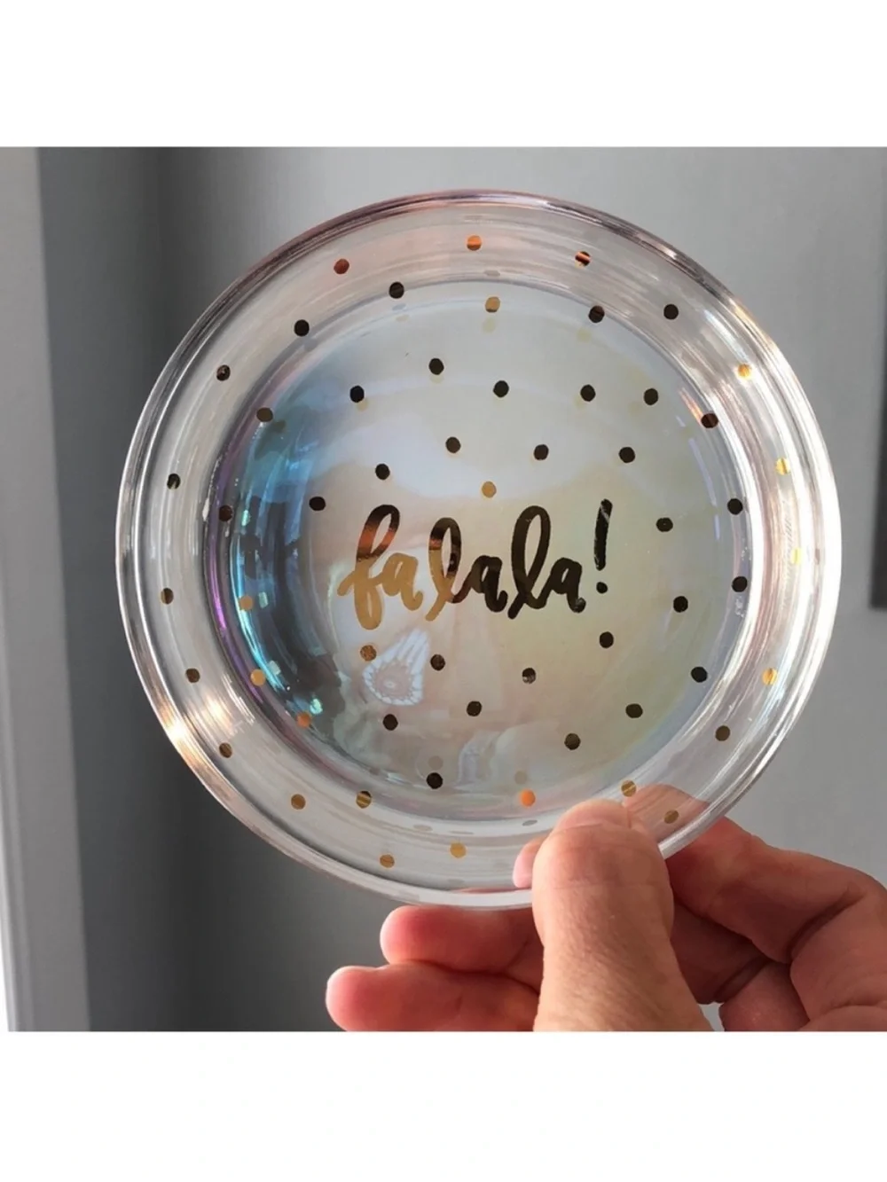'Fa La La!' Round Iridescent Glass Trinket Dish Gold Polka Dots & Lettering 5”